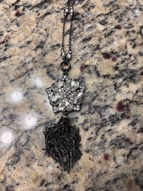 White House Black Market Gunmetal Tassel Necklace with Clear Crystal Flower